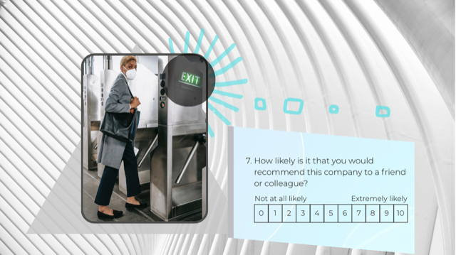 Show people using a rotating door alongside an image of a critical question from the exit survey